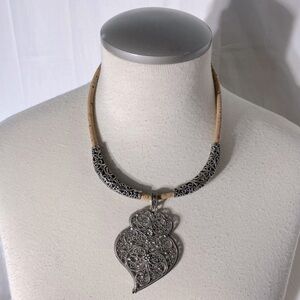 Vintage Silver Tone Metal Filigree Pendant On Cork Rope Boho Statement Necklace
